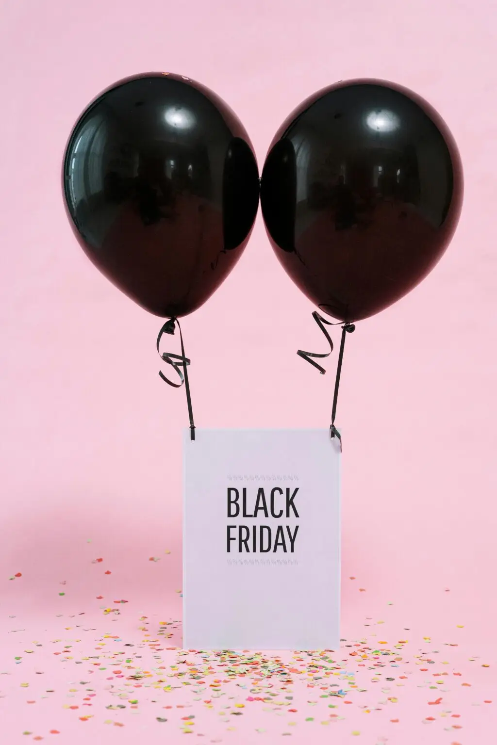 black friday con palloncini neri che volano con una borsa shopping